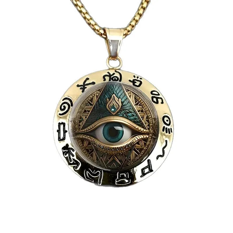 Ancient Egyptian Talisman: Eye Pattern Glass & Hieroglyphic Zinc Alloy Pendant, Artifact-Style Statement Necklace.