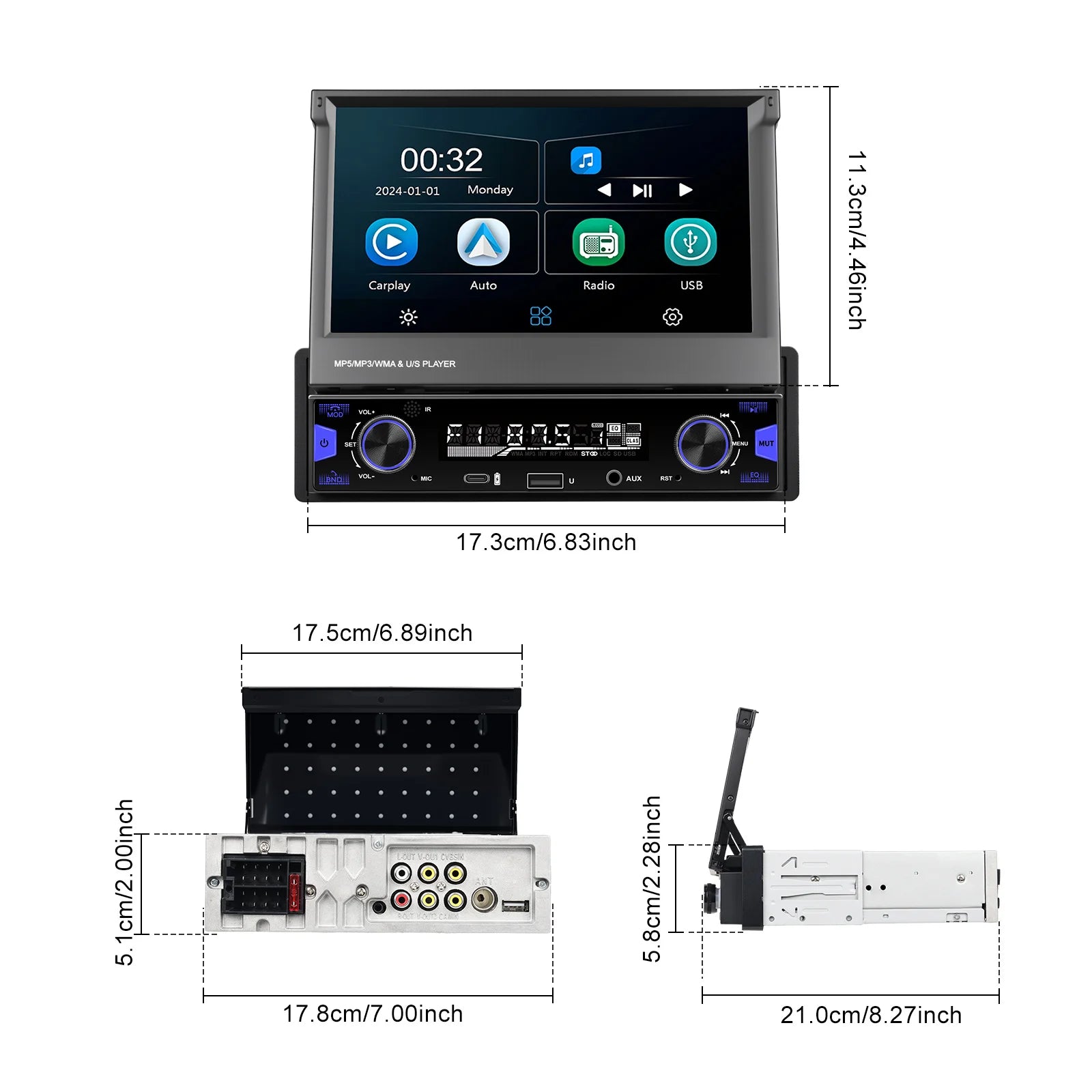 Podofo 7'' 1Din Retractable Screen EQ Sound FM/AM/RDS Multimedia Player Carplay Android Auto Bluetooth Type-C USB SWC Car Audio