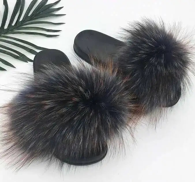 Real Raccoon Fur Slippers For Women 2023 Summer Fluffy Indoor House Fuzzy Flat Slides Outdoor Fashion Beach Sandals Flip Flops