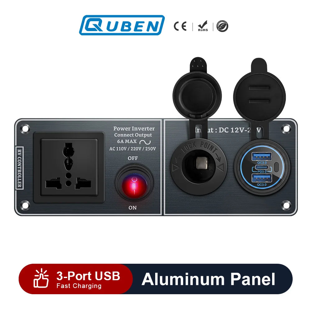 Chargeur de voiture multifonctionnel onduleur à panneau en aluminium AC110V 220V double port USB QC3.0 12V 24V pour VR, yacht, remorques de voyage