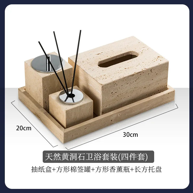 4Pcs Natural Travertine Bathroom Set Wabi Sabi Minimalist Soap Dispenser Tissue Box Luxury Hotel Show House Organizer Decor