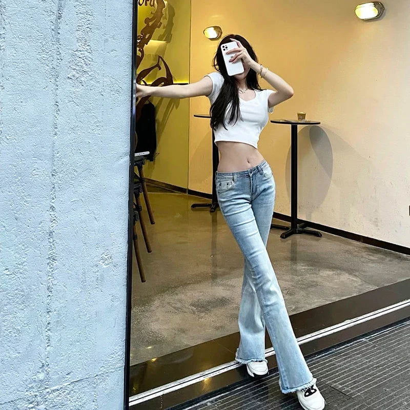 Pantalon évasé taille basse pour femme, jean skinny pour femme, coupe ajustée, évasé, ample, élégant, pantalon d'été A