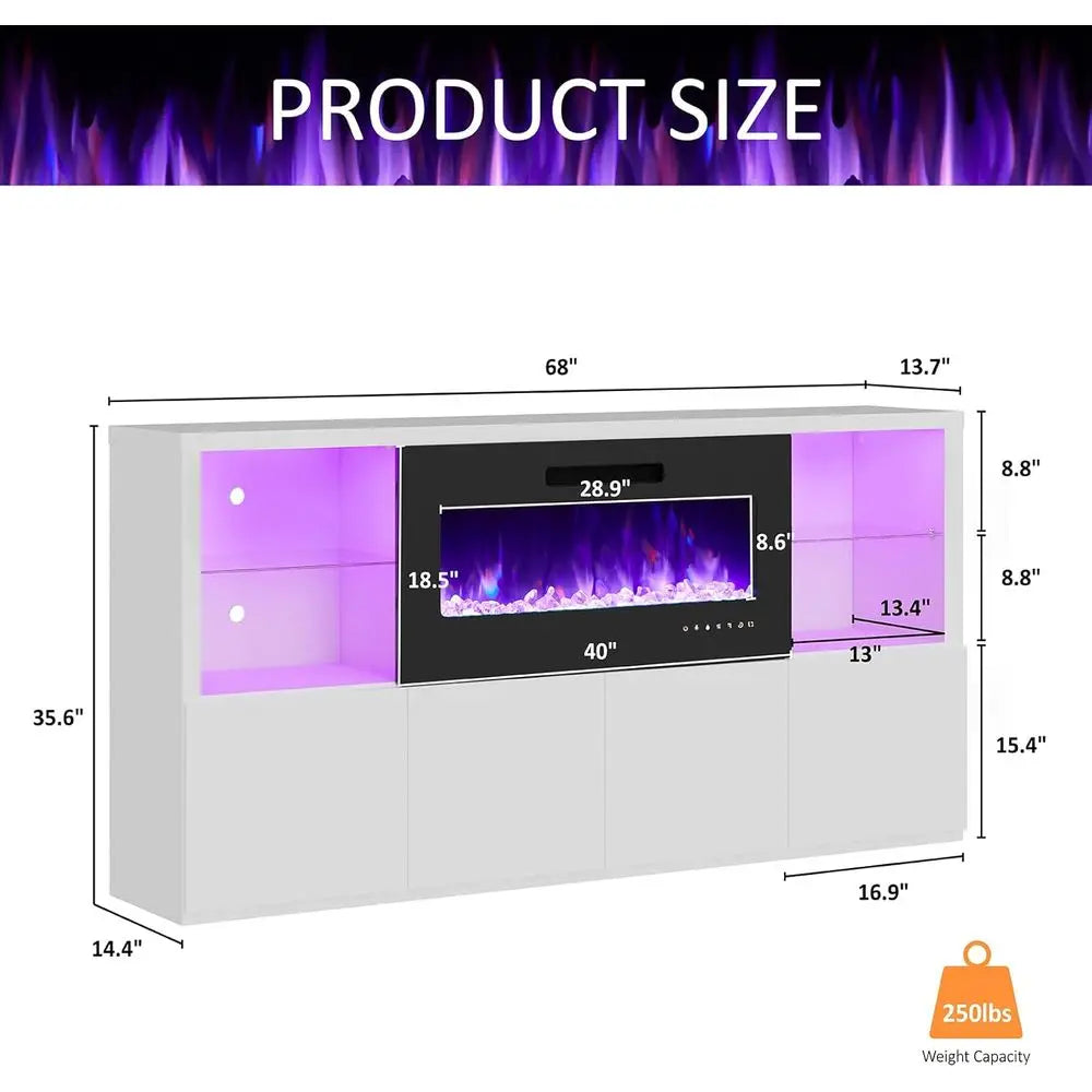 68'' Fireplace TV Stand with 40'' Fireplace, Modern High Gloss Fireplace Entertainment Center with LED Lights for TVs up to 78''
