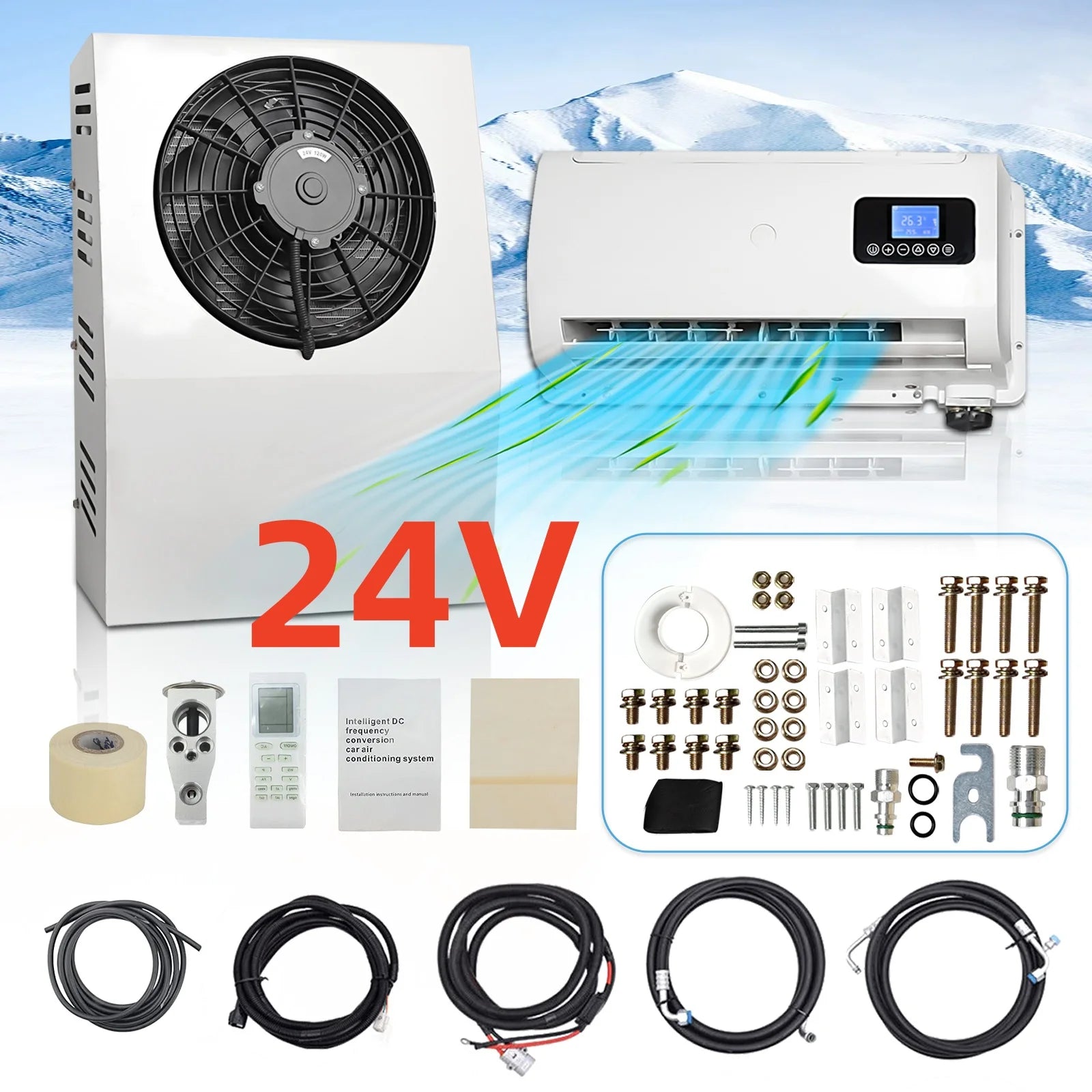 12V/24V Split Air Conditioner for Truck Van RV Camper Low Noise Fast Cooling Electric Parking Air Conditioning System 10500BTU