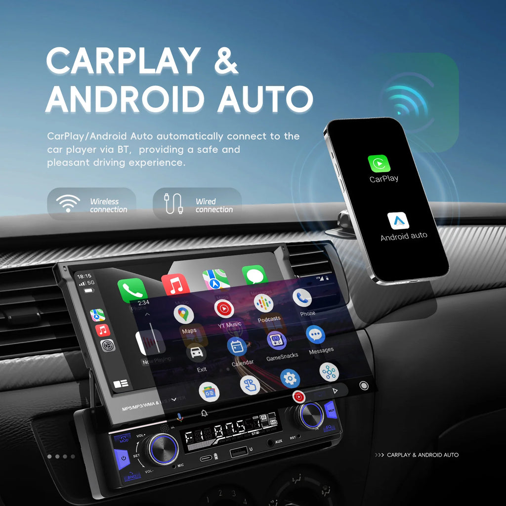 Podofo 7'' 1Din Retractable Screen EQ Sound FM/AM/RDS Multimedia Player Carplay Android Auto Bluetooth Type-C USB SWC Car Audio