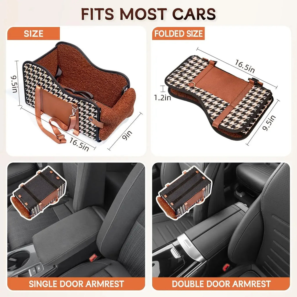 Luxury Houndstooth Pet Car Seat Oversized Booster Kennel Central Control Armrests Breathable Portable Fiber Bed Dogs