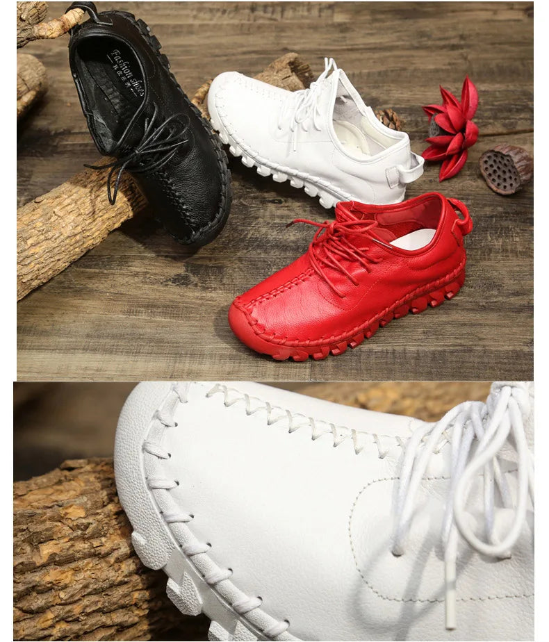 Handmade Genuine Leather Women Shoes Fashion Casual Sneakers Retro Flats Ladies Lacing Loafers Breathable Vulcanized Shoes