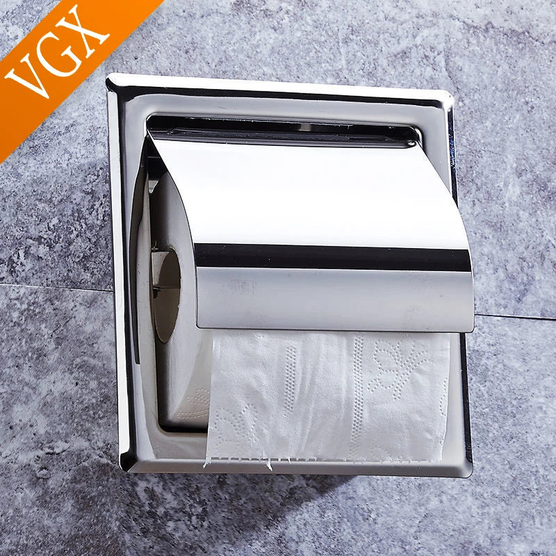 VGX Embedded Toilet Paper Holder Concealed Roll Tissue Box 304 Stainless Steel Wall Mount Bathroom Accessories Matt Black Polish