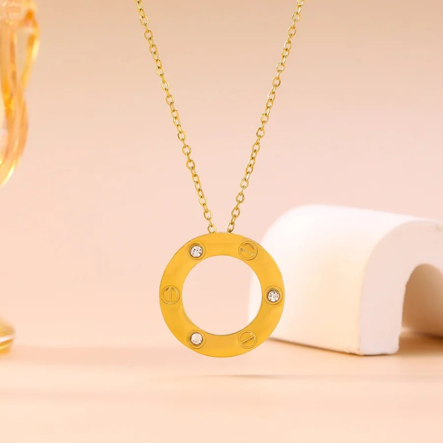 Stainless Steel Six Zircon Hollow Circle Fashion Style Men Chain Necklace For Women Jewelry Collar Pendant Friends Gifts