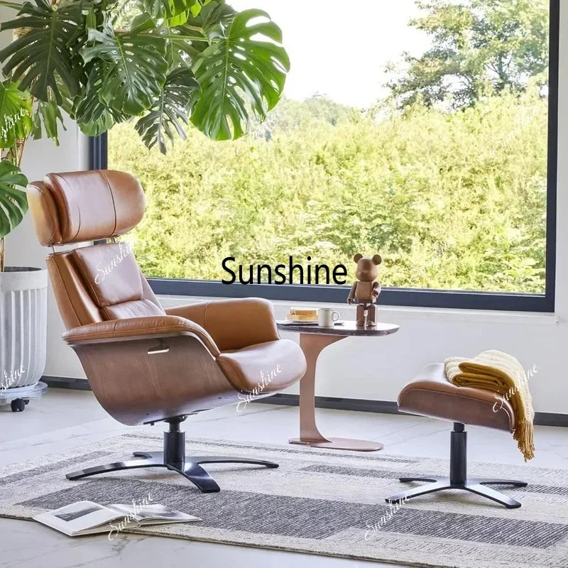 Leather Reclining Swivel Chair with Adjustable Headrest and Ottoman for Living Room, Saddle Color, Arm Rest, Cushion Included