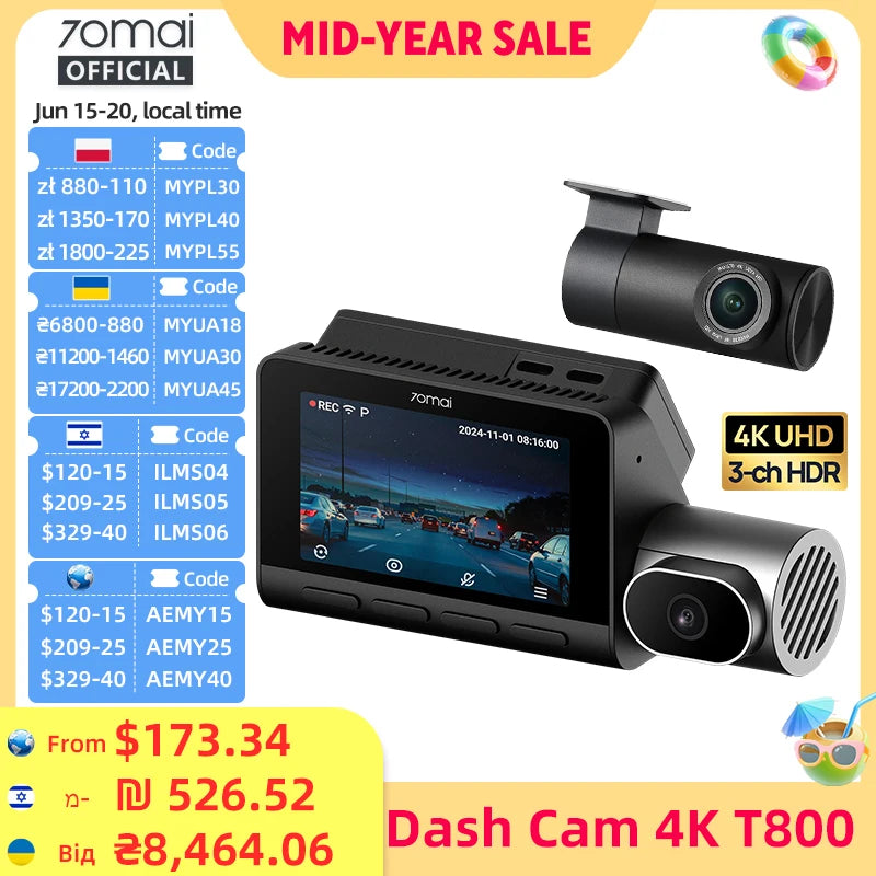 70mai T800 3-Channel HDR Car DVR Front 4K+Rear 4K/1080P+Interior 1080P Voice Control Super Capacitor GPS ADAS Support 4G Wifi 6