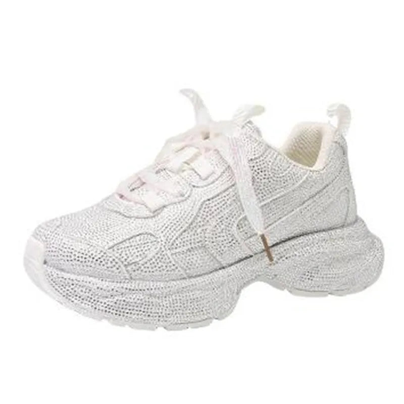 Luxury Women Bling Running Shoes Chunky Sneakers Fashion Casual Genuine Leather Breathable Height Increased Flat Platform Shoe