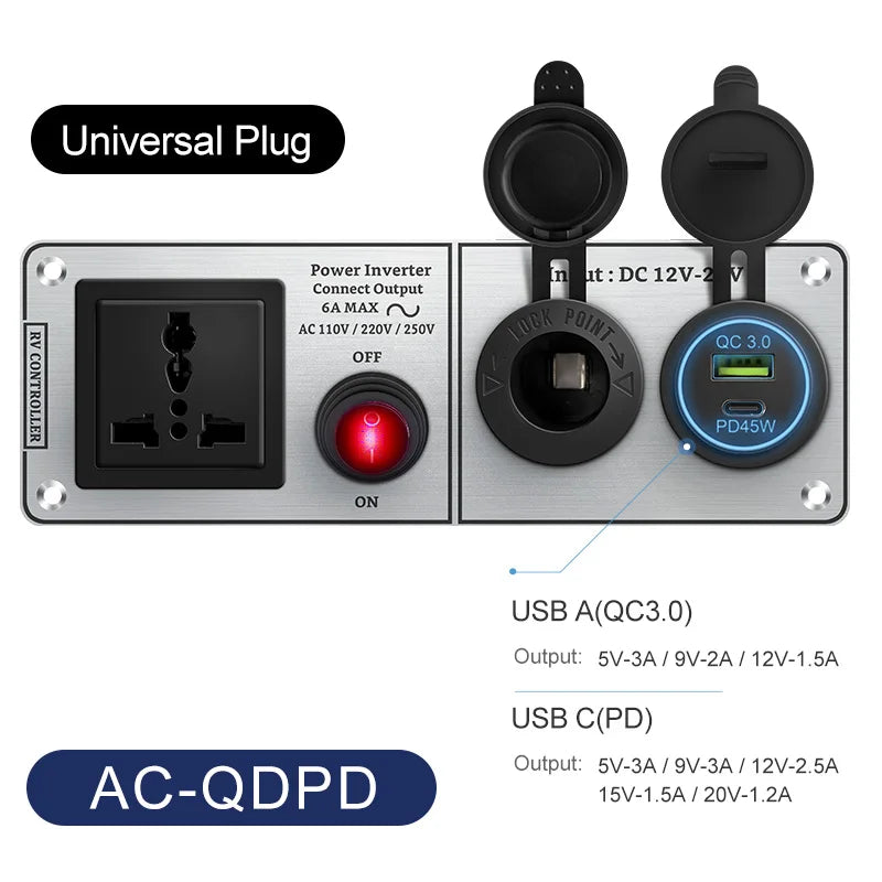 Chargeur de voiture multifonctionnel onduleur à panneau en aluminium AC110V 220V double port USB QC3.0 12V 24V pour VR, yacht, remorques de voyage