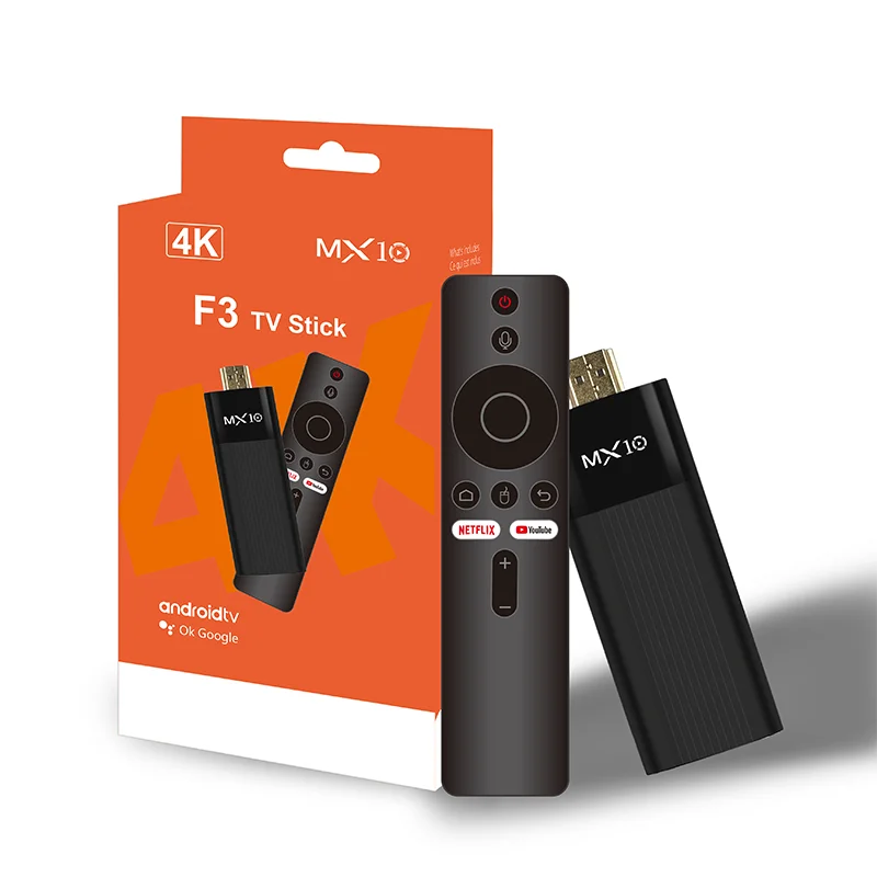 Clé TV Android Ultra HD 4K MX10-F3 Stick Mini Clé TV H313 Quad Core Supporte le double Wifi 2.4/5G 2Go RAM 16Go ROM