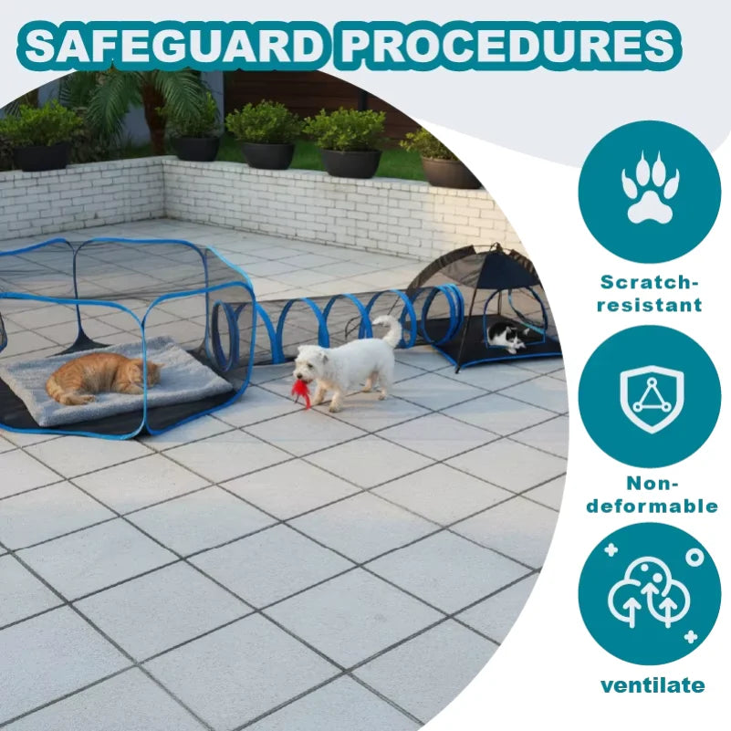 3-in-1 Portable Mesh Pet Fence Playhouse Multi-Animal Cage with Tunnel Indoor Outdoor Easy Setup for Cats And Small Animals