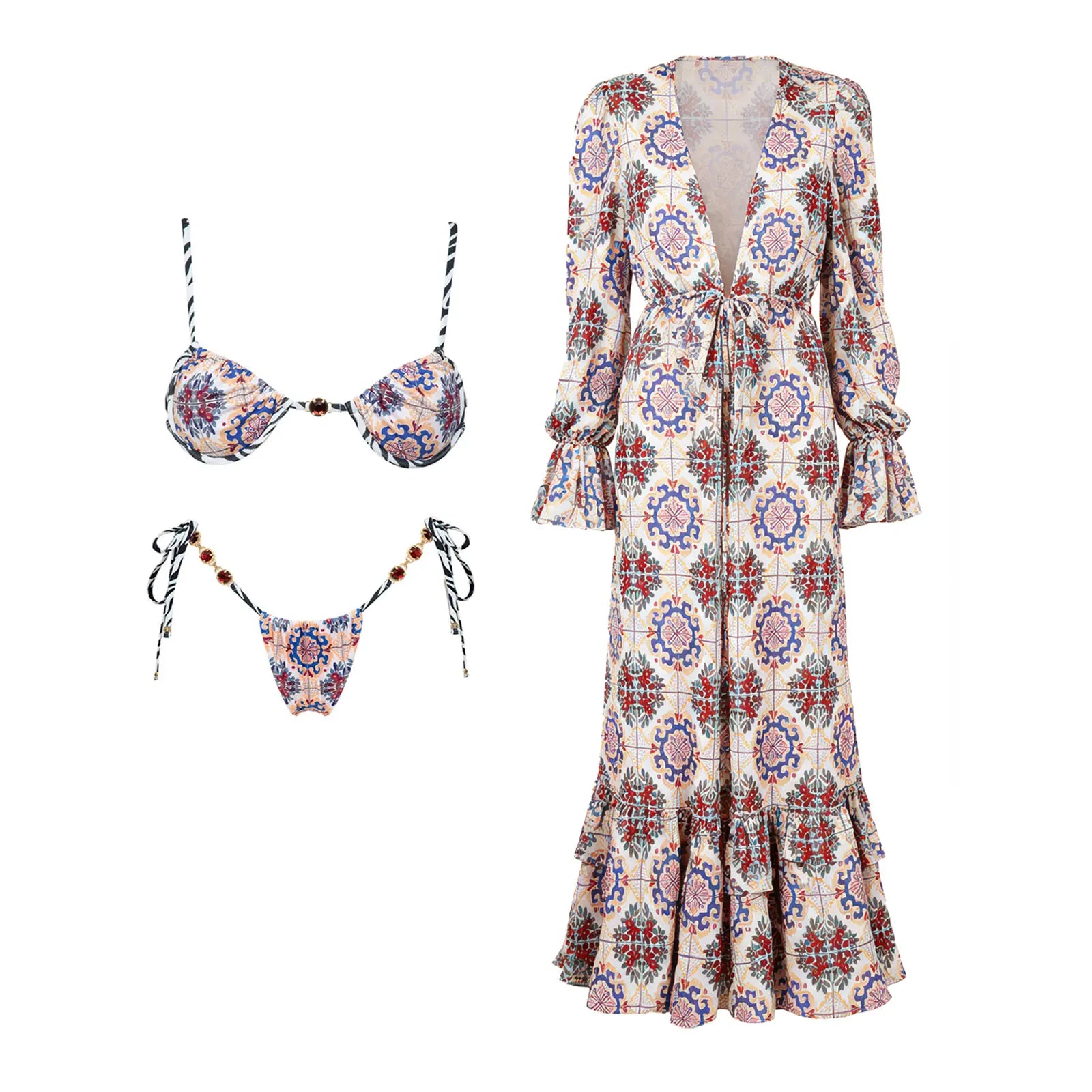 Maillot de bain 3 pièces push-up 2026 à imprimés rétro avec pantalon en maille, maillot de bain sexy pour femme, paréo de plage à bretelles