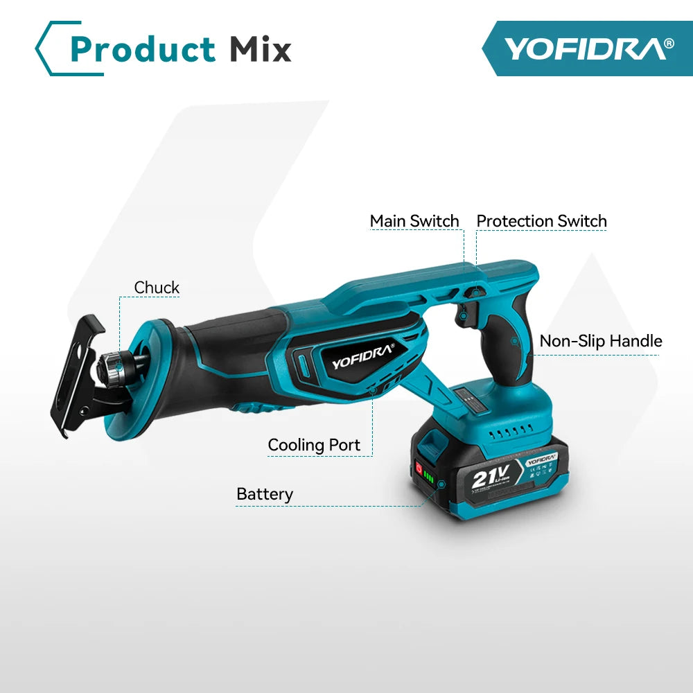 Yofidra Brushless Reciprocating Saw Handsaw Multifunction Electric Saw for Metal Wood Pipe Cutting For Makita 18-21V Battery Pin