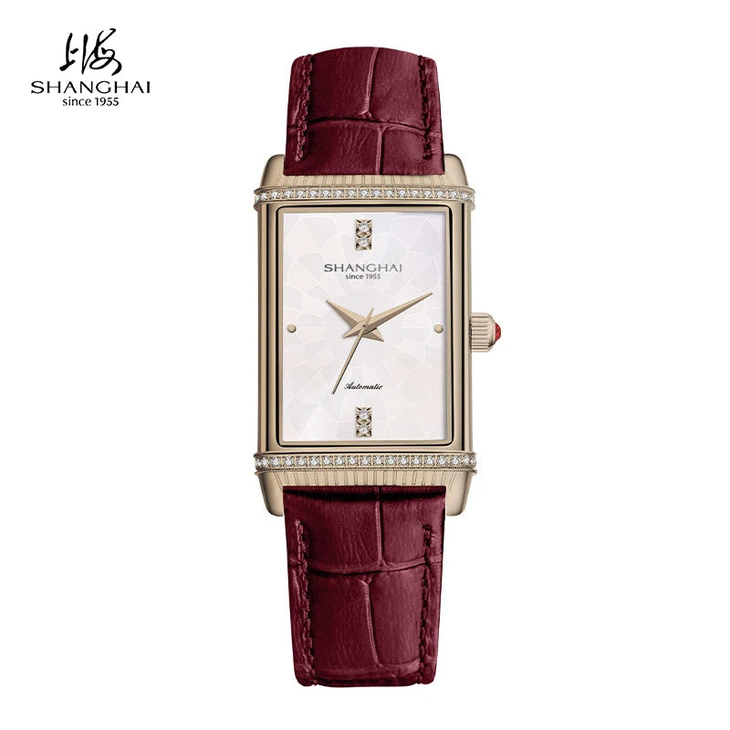 Shanghai Watches Vintage Women's Mechanical Watch 25x41 mm Rectangle Automatic Watch 3D Dial Sapphire Leather Fashion Watch 22MT