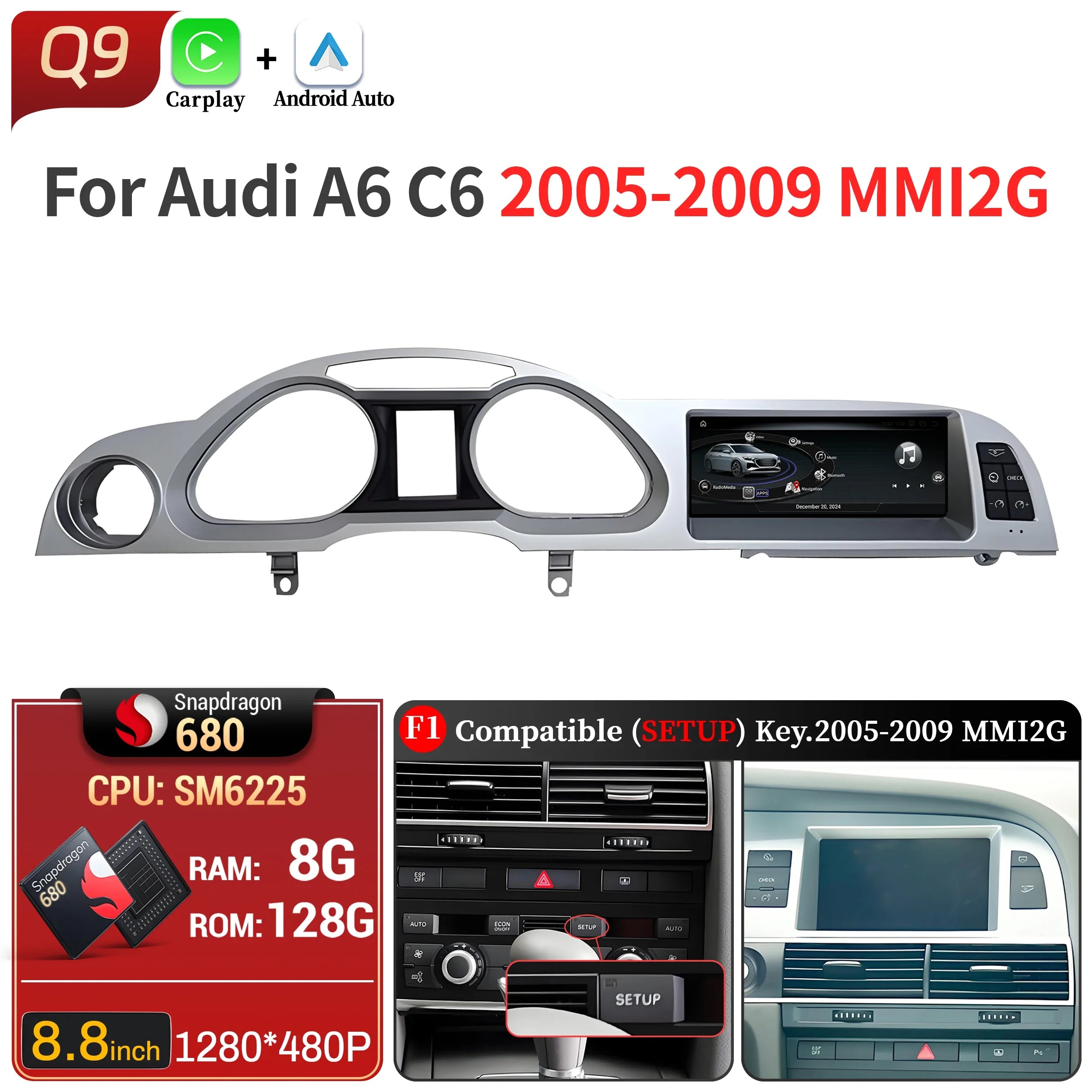 8.8 inch Left Hand Drive Android 14 For Audi A6 C6 2005-2011 Car Radio Wireless BT Carplay Qualcomm Snapdragon 680 Touch Screen
