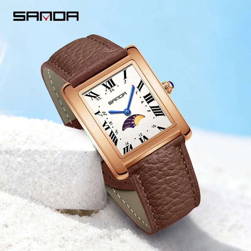 SANDA 9122 Elegant Women's Quartz Watch Classic Square Dial Moon Phase Waterproof Leather Strap Retro Business Watches for Woman
