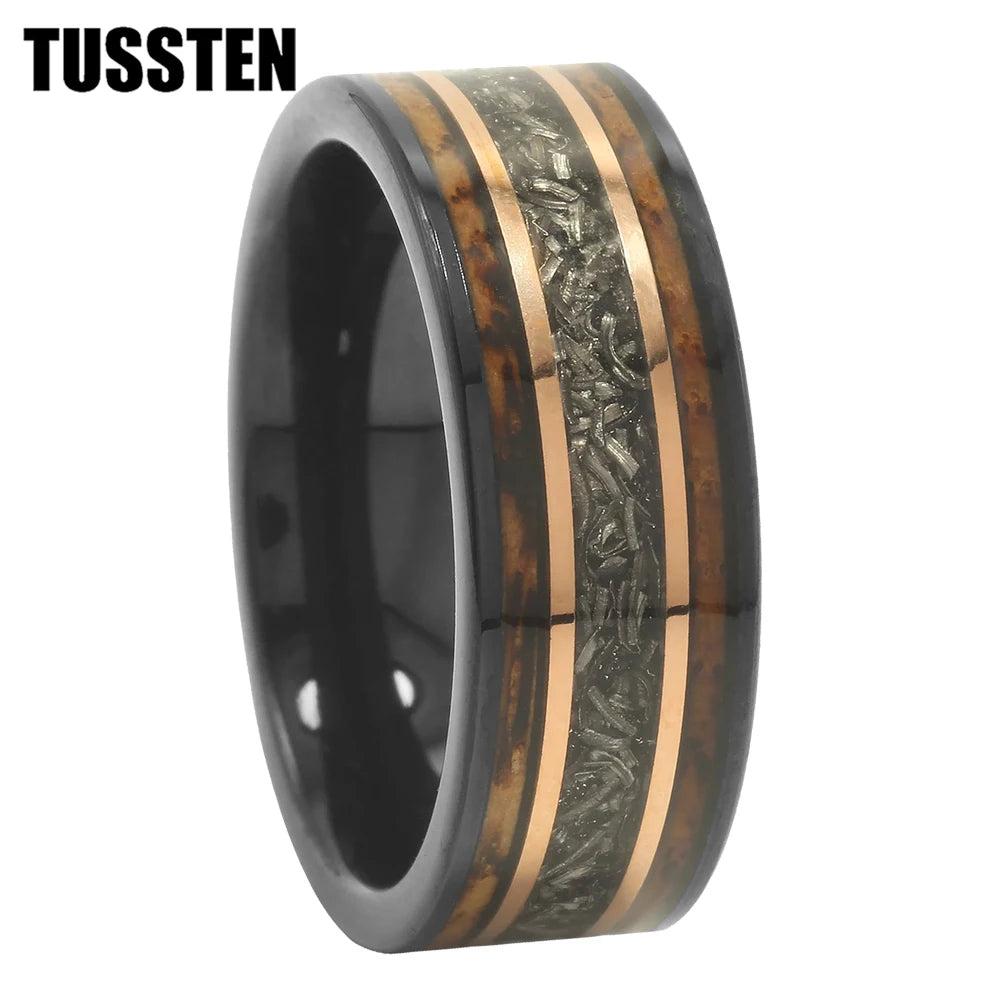 TUSSTEN 8MM Men's and Women's Wedding Tungsten Ring Inlaid Wood And Meteorolite Inlay Comfortable Fit