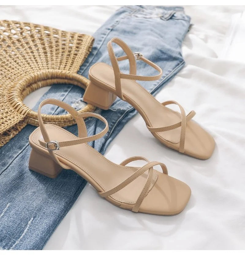 Comemore Comfortable 2023 Summer Block Heel Women's Sandals Girl Shoes Black Outer Wear Fashion Elegant Medium Heels Footwear 40