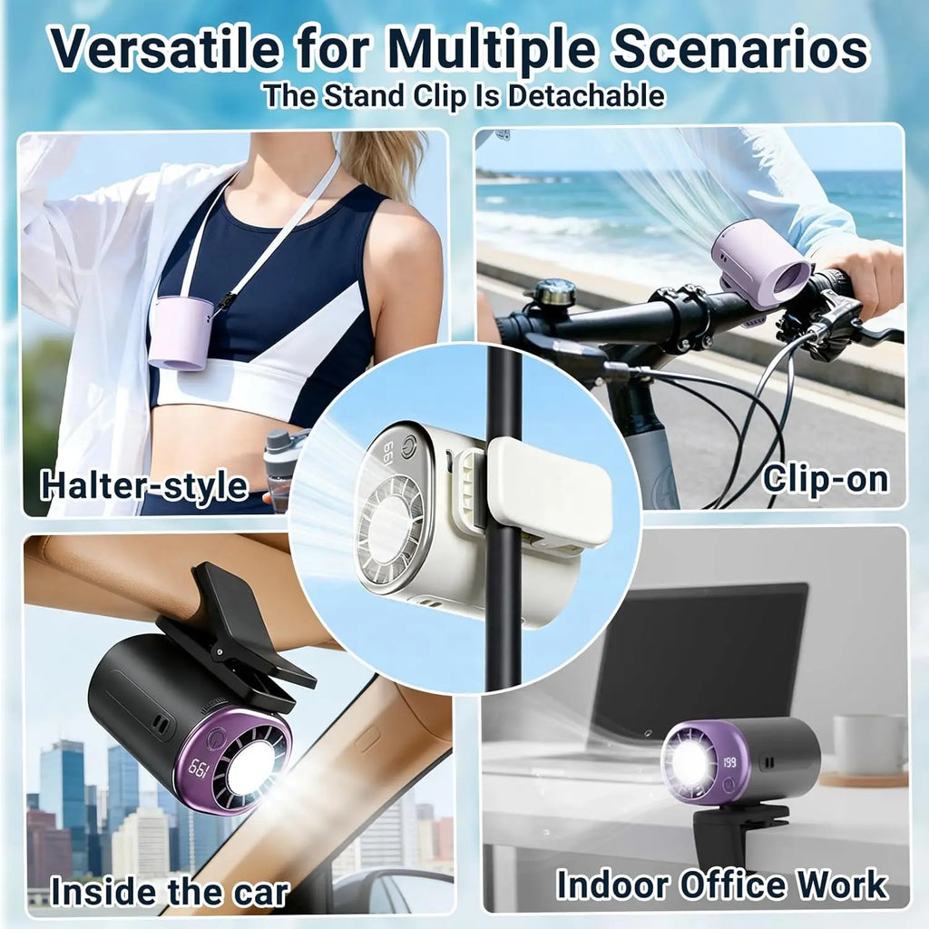 Ventilateur de climatisation portable à clipser pour voiture 2026 avec rotation à 360°, 199 vitesses réglables, rechargeable par USB, écran LED pour