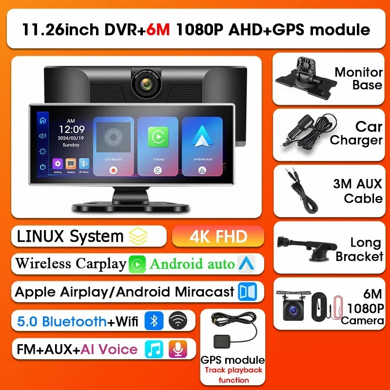 Srnubi 11.26" Dash Cam Rearview Carplay Android Auto 4K DVR Navigation Player Dual Lens Recorder Dashboard WIFI BT AUX GPS FM