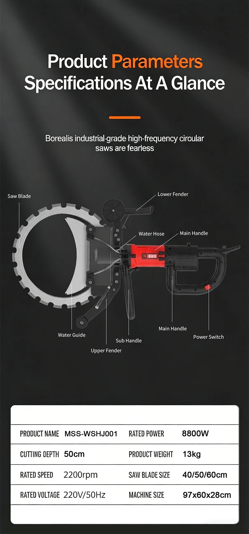 300/400/500mm Concrete Ring Saw with D-Shaped Ergonomic Handle Electric Wall Cutter for Reinforced Concrete Wet Cutting Work