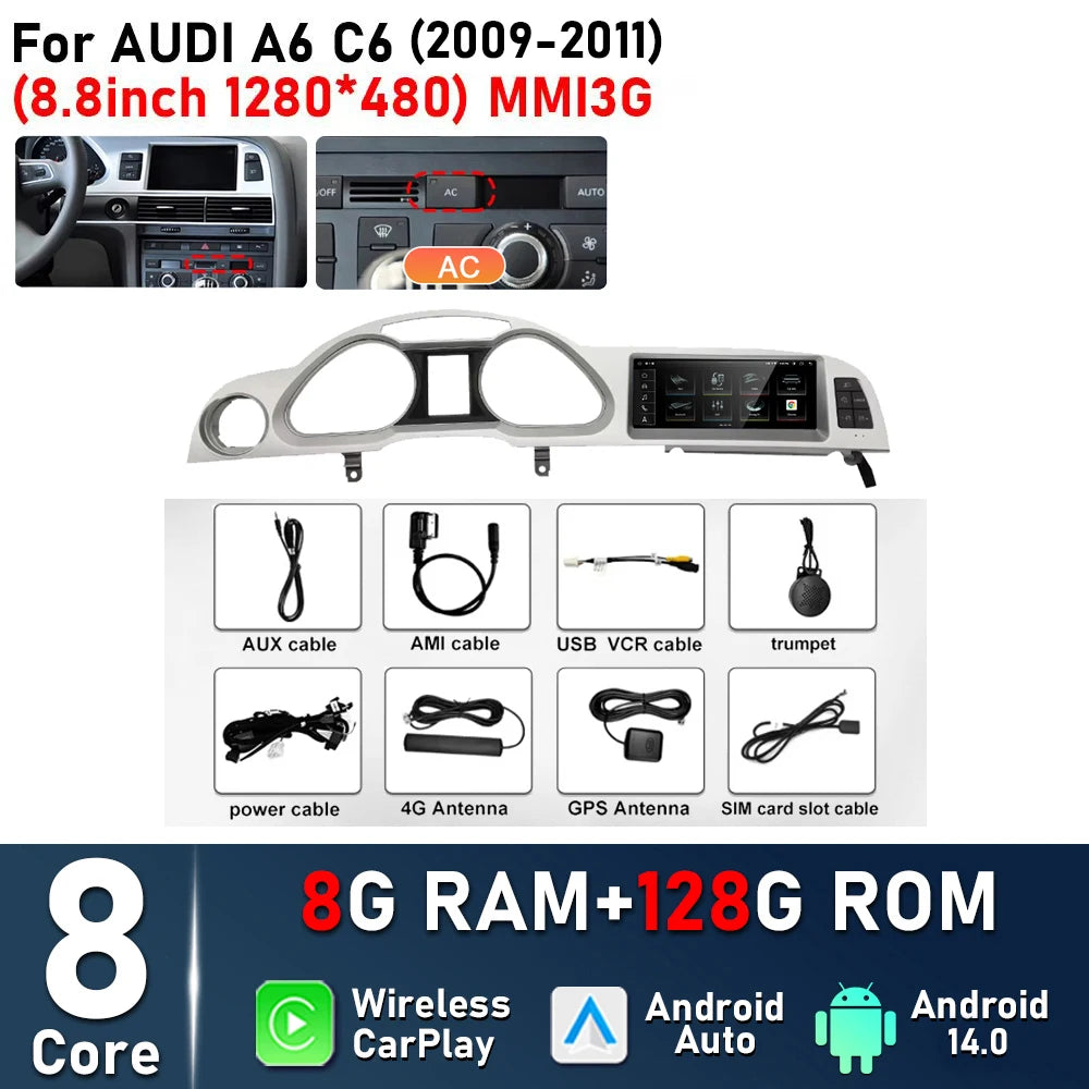 8.8inch Android 14 For Audi A6 C6 2005 - 2008 MMI 2G 2009 - 2011 MMI3G Car Radio Multimedia Player Navigation GPS Stereo CarPlay