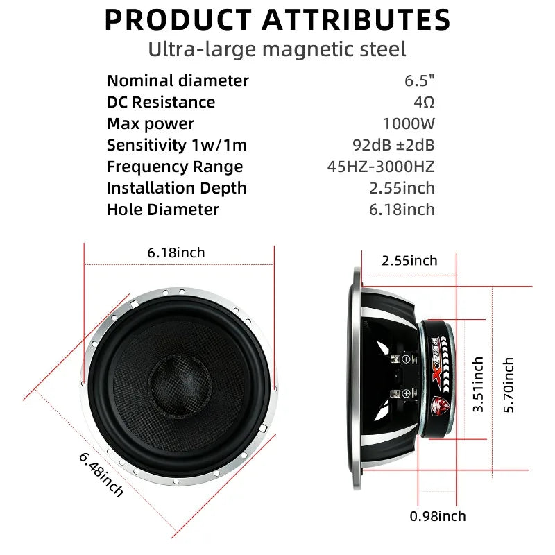 XPIAA 2 haut-parleurs de 6,5 pouces en fibre de carbone pour basses médiums, 4 Ohm 1000W, caisson de basses pour voiture, haute puissance HIFI, haut-parleur audio Woofer