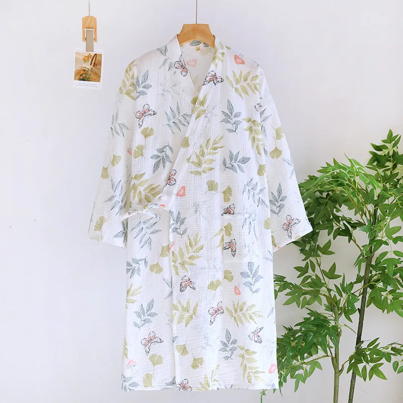 Cotton Fabric Bamboo Printed Sleepwear Bathrobes for Women Spring and Summer Double-layer Thin Home Clothing Pyjamas Robes