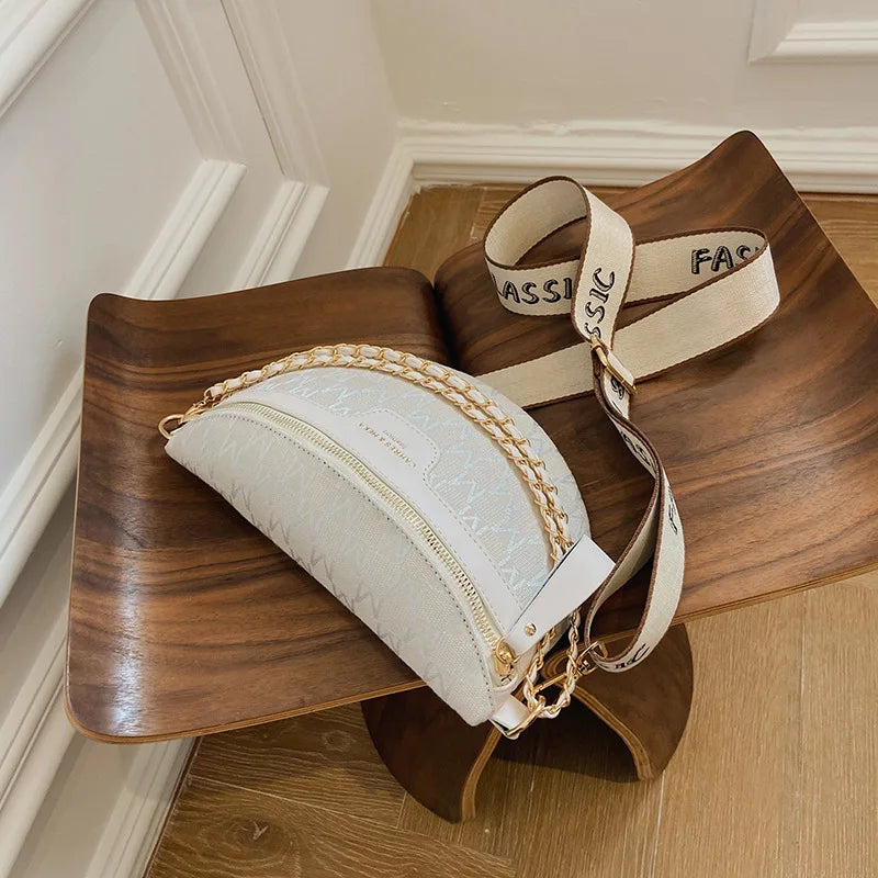 Sac banane en tissu écossais imprimé pour femme, sac de taille à chaîne tendance, sac banane pour femme, sac à bandoulière à large sangle pour femme