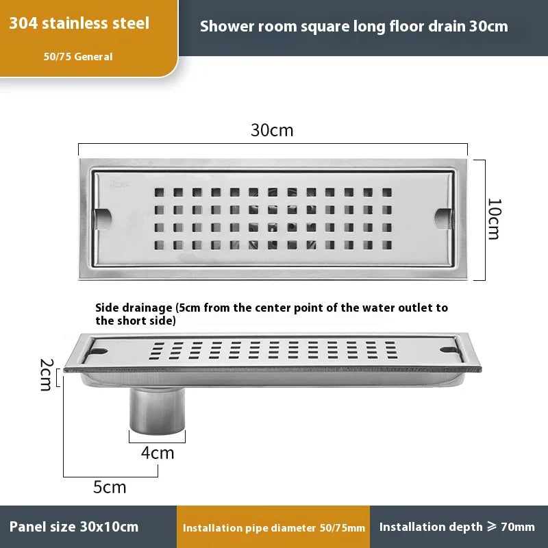 20-60cm Stainless Steel Square Long Floor Drain Bathroom Sewer Rectangular Floor Drain Large Displacement Bathroom Drainage