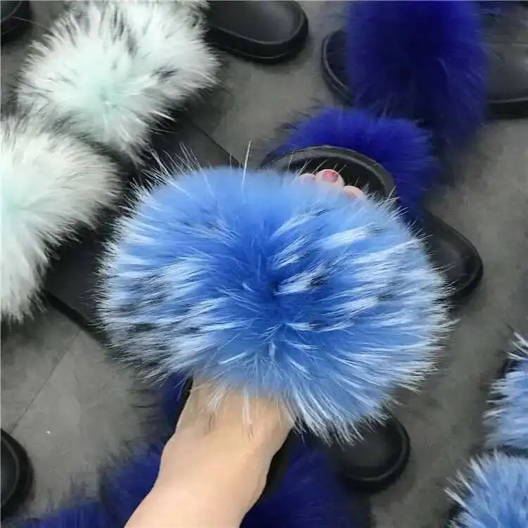 Real Raccoon Fur Slippers For Women 2023 Summer Fluffy Indoor House Fuzzy Flat Slides Outdoor Fashion Beach Sandals Flip Flops
