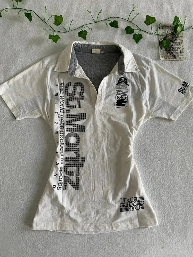 Y2K Japanese Streetwear Polo Shirt Women Slim Crop Tee 2025 White Short Sleeve Tops Letter Badge Houndstooth Vintage Harajuku