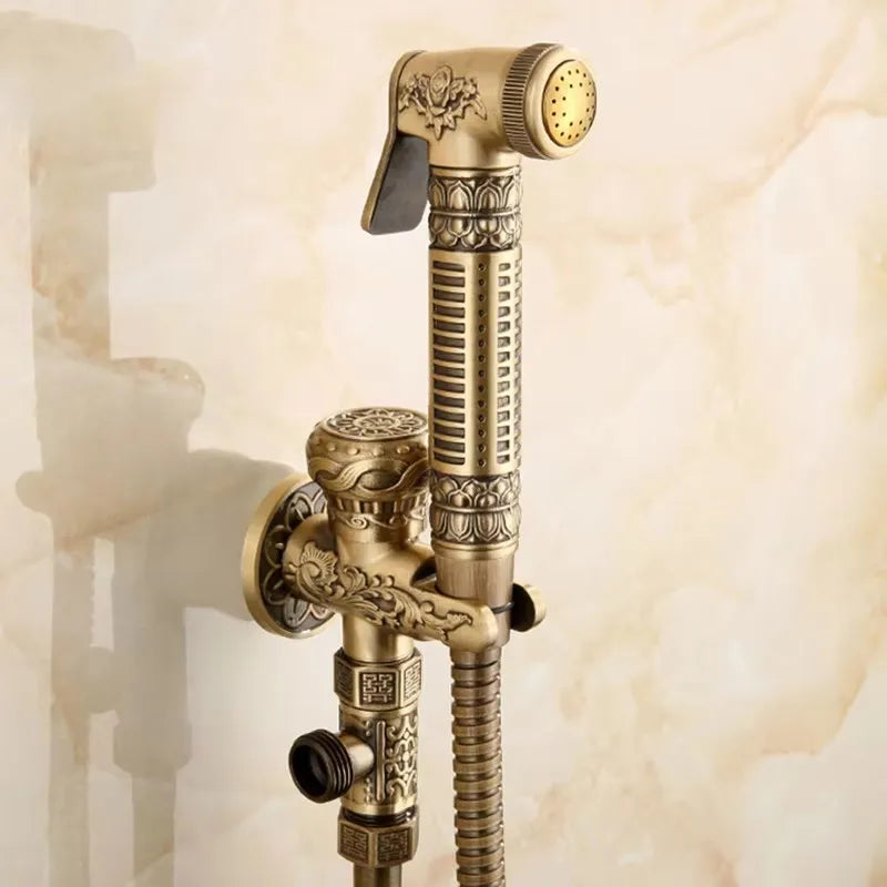 Hand Held Bidet Sprayer Douche Toilet Kit Antique Brass Shattaf Shower Head Gold Copper Valve Set Jet Toilet Bidet Faucet Set