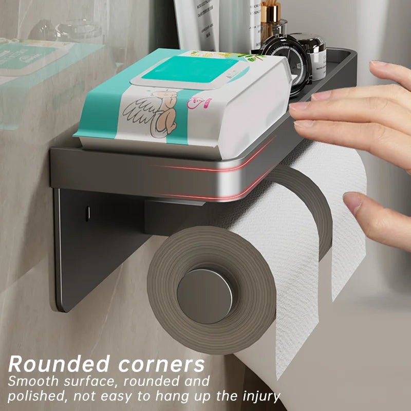Support de papier toilette en alliage d'aluminium avec étagère murale et support de téléphone pour la maison et la salle de bain