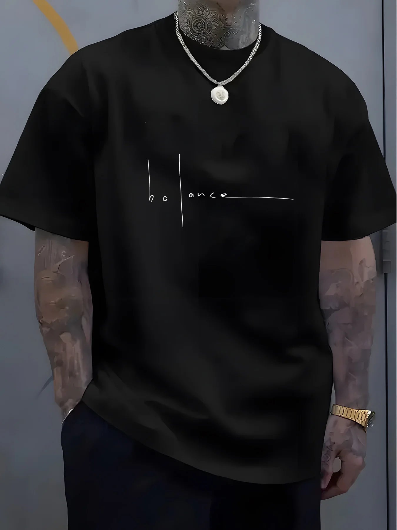 Men's summer 100% pure cotton fashionable casual sports loose trend balance letter print round neck short sleeved T-shirt top