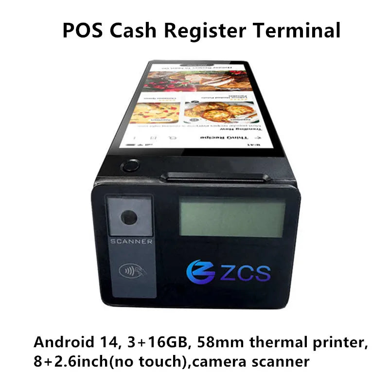 Z108 Android 14 Dual-Screen Desktop Tablet Cash Register with 8" Touch Display NFC Scanner 58/80mm Thermal Printer POS Terminal