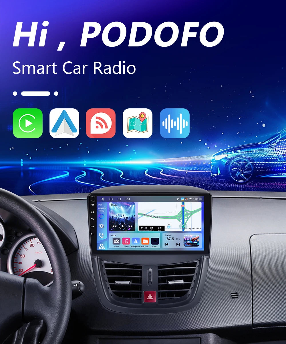 Podofo  6+128G Wireless CarPlay Auto Car Radio for Peugeot 207 CC 207CC 2009-2013 Multimedia Player 2Din Car Stereo GPS 4G Wifi