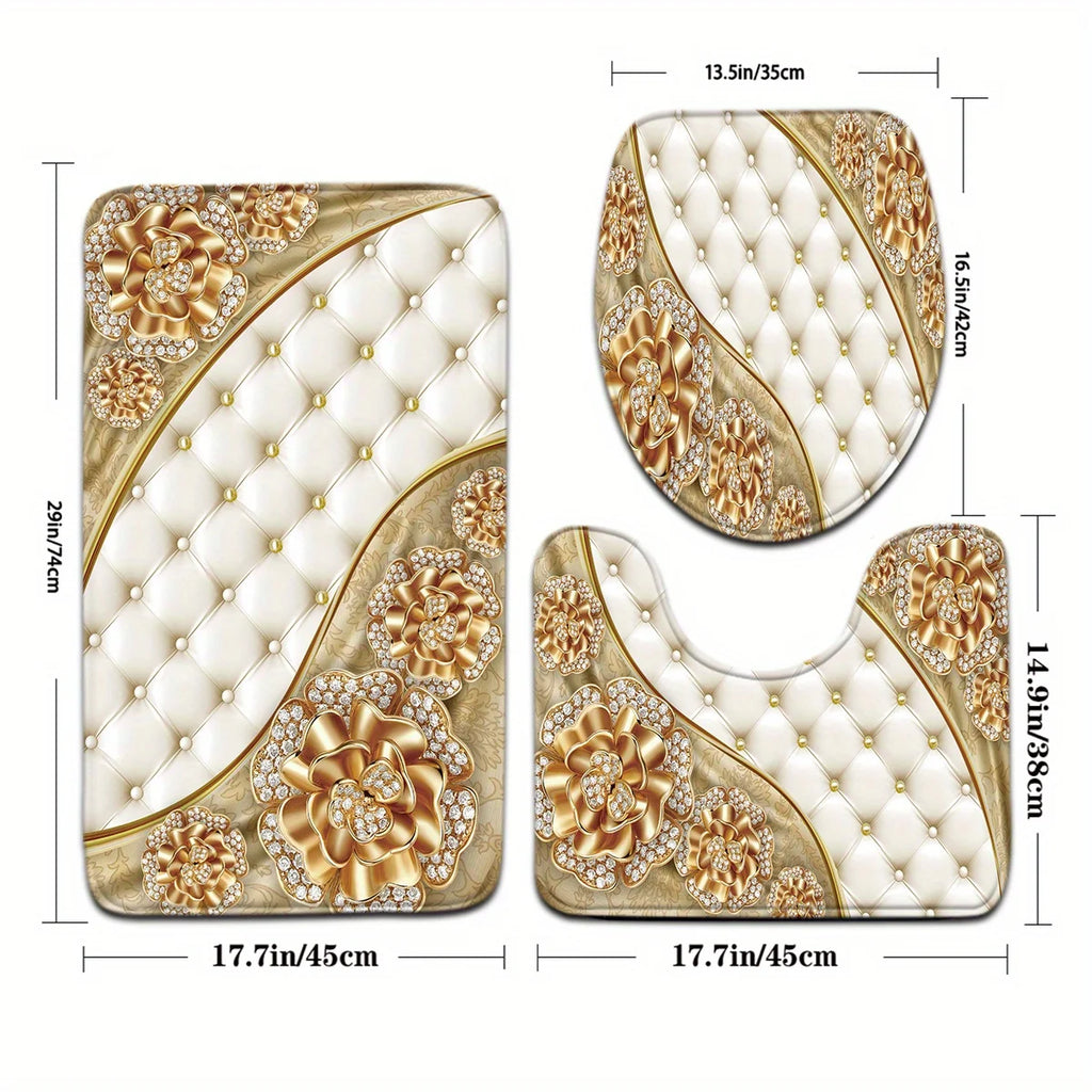 3pcs Nordic Style Gorgeous Series Gold Diamond Flower Pattern Bathroom Mat Set Toilet Seat Ring U-shaped Foot Mat