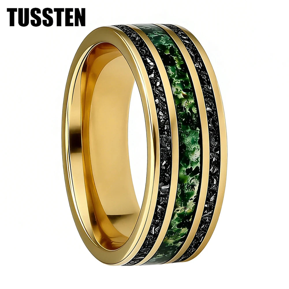 TUSSTEN 8MM Men's and Women's Wedding Tungsten Ring Inlaid Moss Agate And Meteorolite Inlay Comfortable Fit