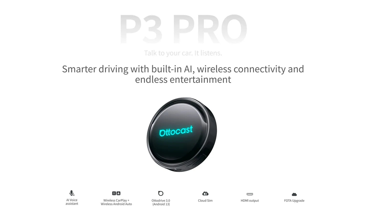 OTTOCAST P3 Pro Ai Box Wireless Carplay Android Auto Aadapter Ai Voice QCM 6225 Video Box for Benz Audi Kia Hyundai VW Toyota