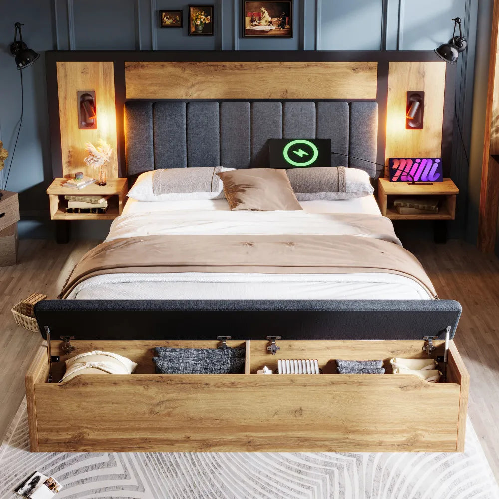 Bed with Upholstered Bed System with Reading Lamp and USB C Night Table and Seating Bench with Storage Space (without Mattress)