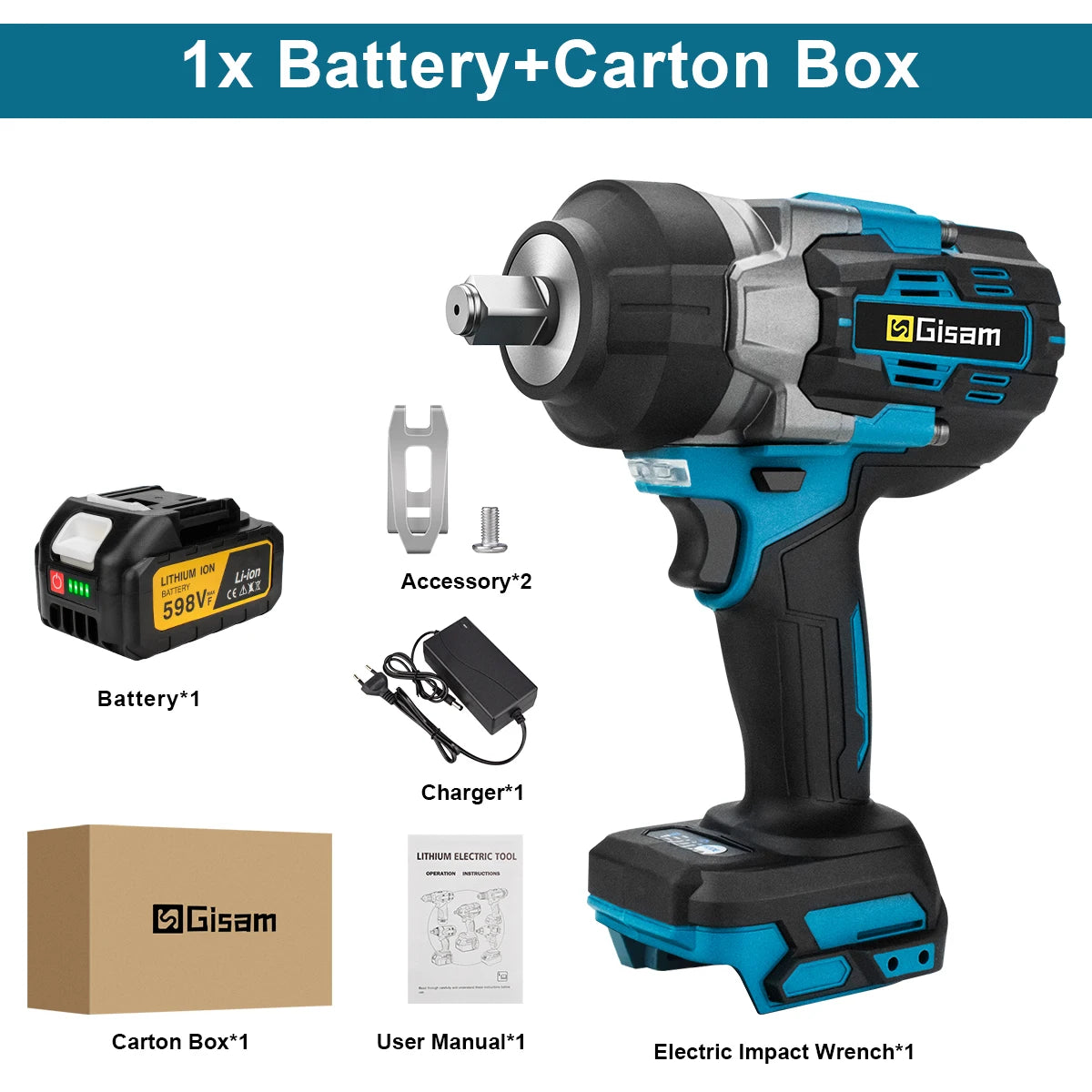 Clé à chocs électrique sans balais Gisam 2800 N.M 1/2 pouce, tournevis électrique, perceuse compatible avec la batterie Makita 18V Pin
