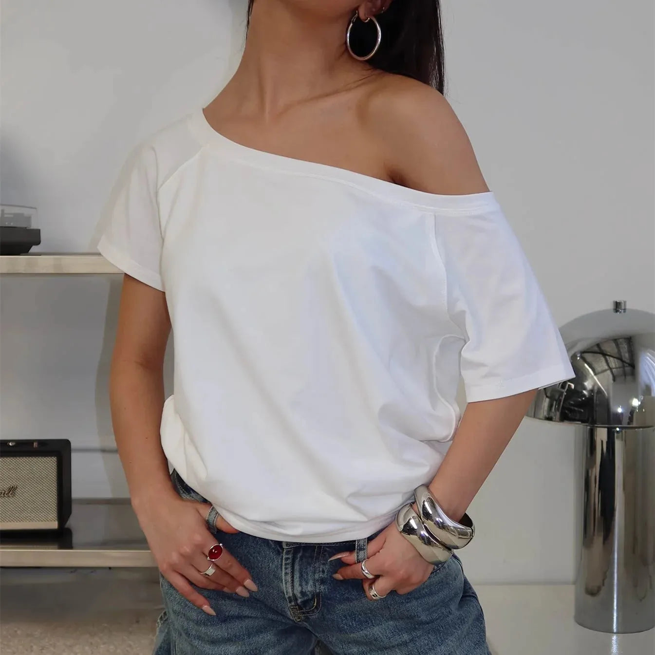 Womens Solid Striped Off One Shoulder Short Sleeve T Shirt Y2k Cute Sweet Fairy Vintage Aesthetic Preppy Summer Casual Tee Tops