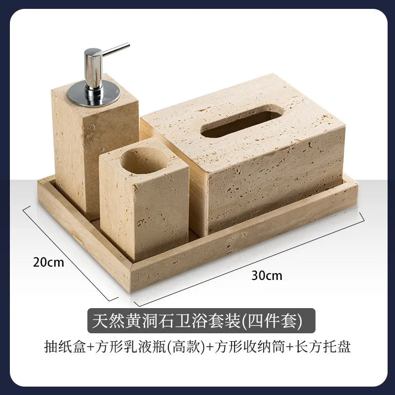 4Pcs Natural Travertine Bathroom Set Wabi Sabi Minimalist Soap Dispenser Tissue Box Luxury Hotel Show House Organizer Decor