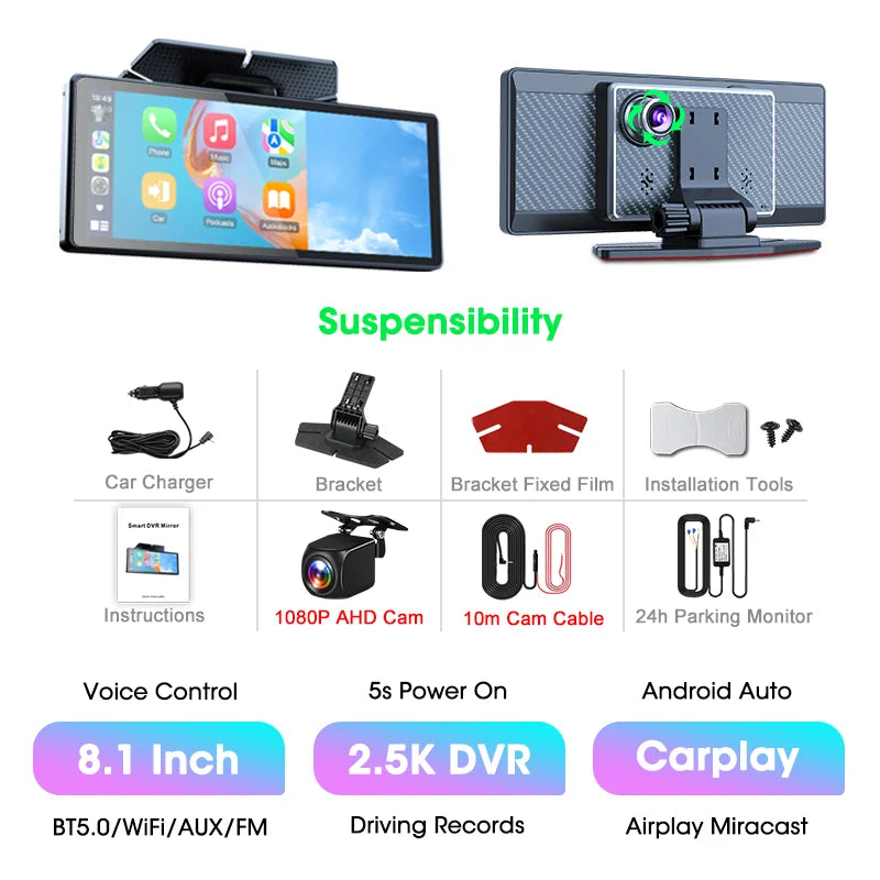 Janstie Dash Cam 4K+1080P Carplay Android Auto GPS Navigation 7/8.1 inch IPS Screen Car DVR IR Night Vision 24H Parking Monitor