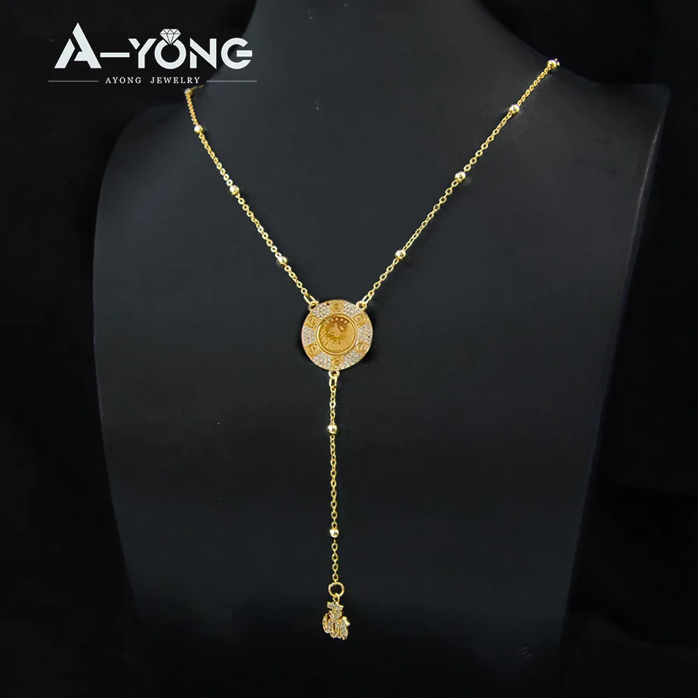 Italian Fashion Zirconia Necklace 21k Gold Plated Arabic Fashion Coins Pendant Chains Dubai Women Vintage Ayatul Kursi Jewelry